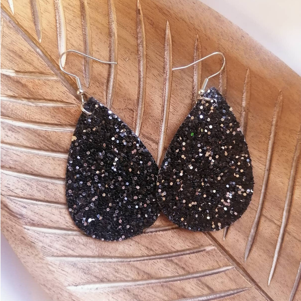 Sparkle Glitter Black Fancy Teardrop Dangle Earrings